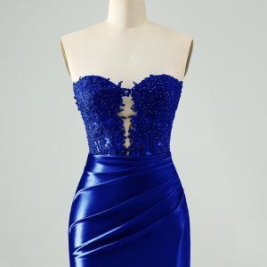 Sparkly Royal Blue Bodycon Strapless Hollow Out Mini Dress with Lace