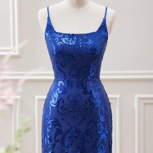 Sparkly Royal Blue Bodycon Square Neck Mini Dress with Lace up Back