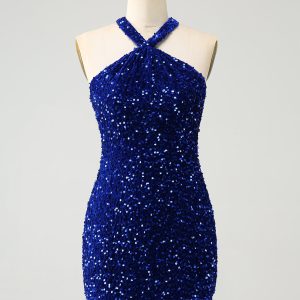 Sparkly Royal Blue Bodycon Halter Sequin Mini Dress with Tassel