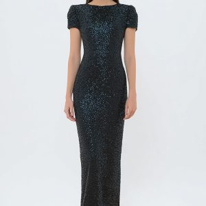 Sparkly Sheath Black Tie Dress with Short Sleeves
